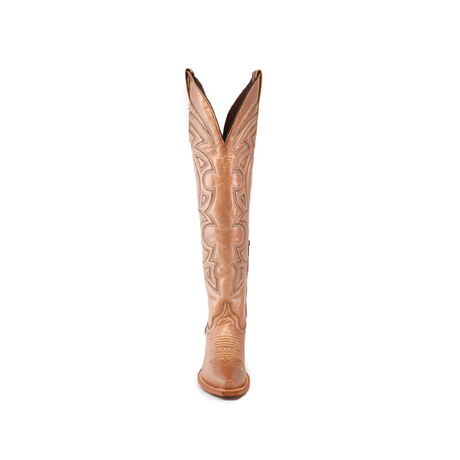 Front view of the Taylor Rose Gold tall shaft cowboy boot in tan featuring intricate stitching and a slightly pointed snip toe, set against a white background.