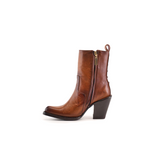 Discover the Francia Rings Bootie Tan - J Toe, a high-heeled leather ankle boot in rich brown with a side zipper, textured toe, and pull tab at the back—perfectly showcased against a plain white backdrop as part of our Platinum Collection.