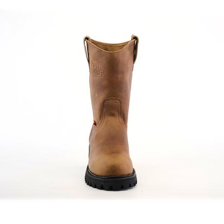 Front view of the Tan Roper - Tractor Sole - Soft Toe, a rugged work boot made from premium cowhide leather. The single tan boot features black soles and handles, with a textured leather surface and visible stitching on a plain white background.