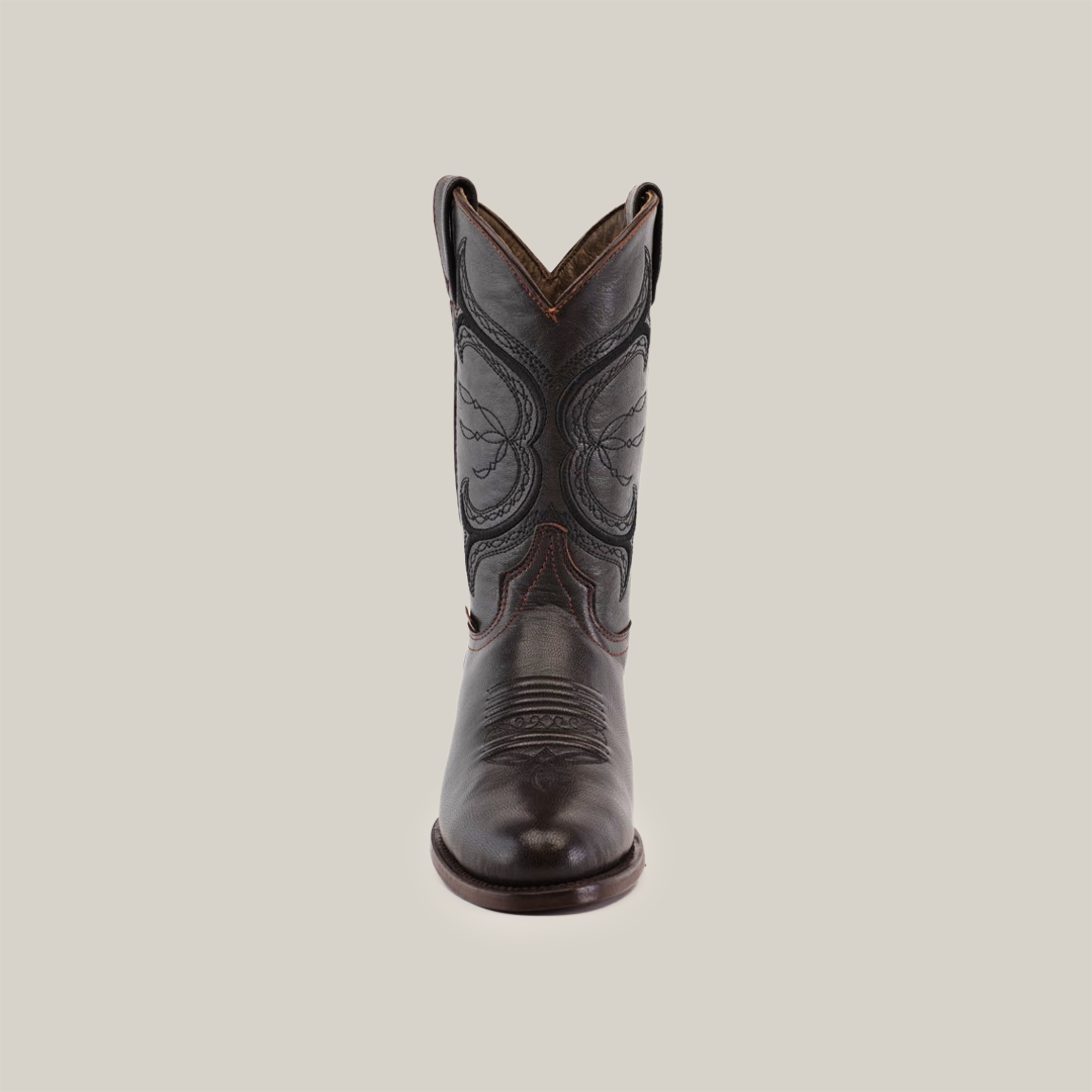 The Rush Brown - Roper Toe is a single dark brown cowboy boot made from premium cowhide leather with decorative stitching, set against a plain white background.