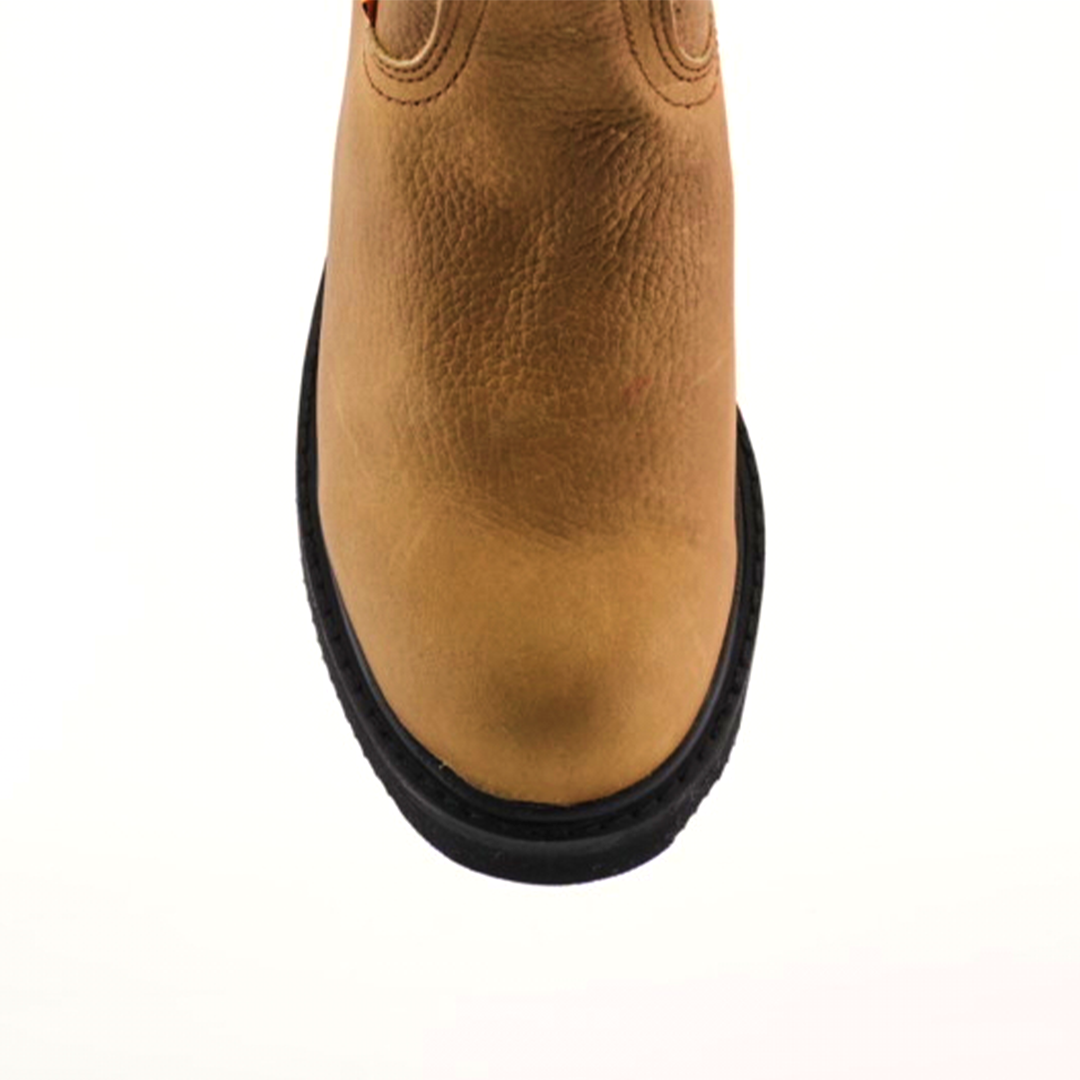 A top-down view of the Tan Roper - Laredo Sole - Soft Toe work boot made from premium cowhide leather with black trim and sole. The textured surface and stitching details are visible against a plain white background.