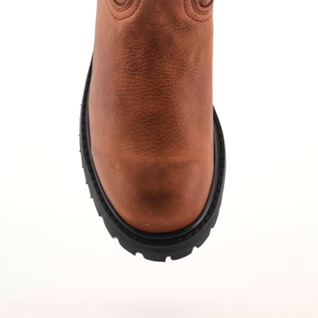 Close-up of the Brandy Roper boot, crafted from premium cowhide leather with a black tractor sole, shown from above. Set upright against a plain white background, it showcases the exquisite leather texture and unique tread pattern.