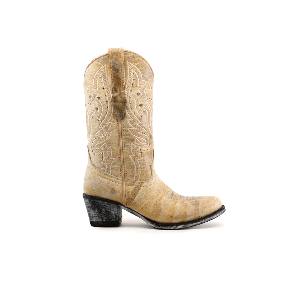 The Cowhide Hortus Rustic White boot, with a round toe and mid shaft, is crafted from tan cowhide leather. It features intricate stitching against a white backdrop, complemented by a moderately high heel for a classic western appeal.