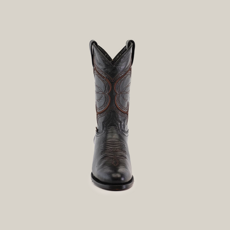 Front view of the Rush Black - Roper Toe boot made from premium cowhide leather with intricate stitching; exhibits Western style with a pointed toe and mid-calf height, set on a plain white backdrop.