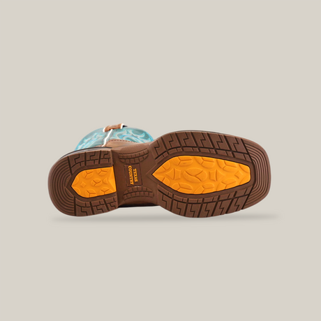 The image displays the Rustic Turquoise Brown - Waterproof - Composite Toe boot. It features a durable brown and yellow tread pattern on the sole and a premium cowhide leather construction with a light blue upper, resting on its side against a white background, showcasing both durability and style.