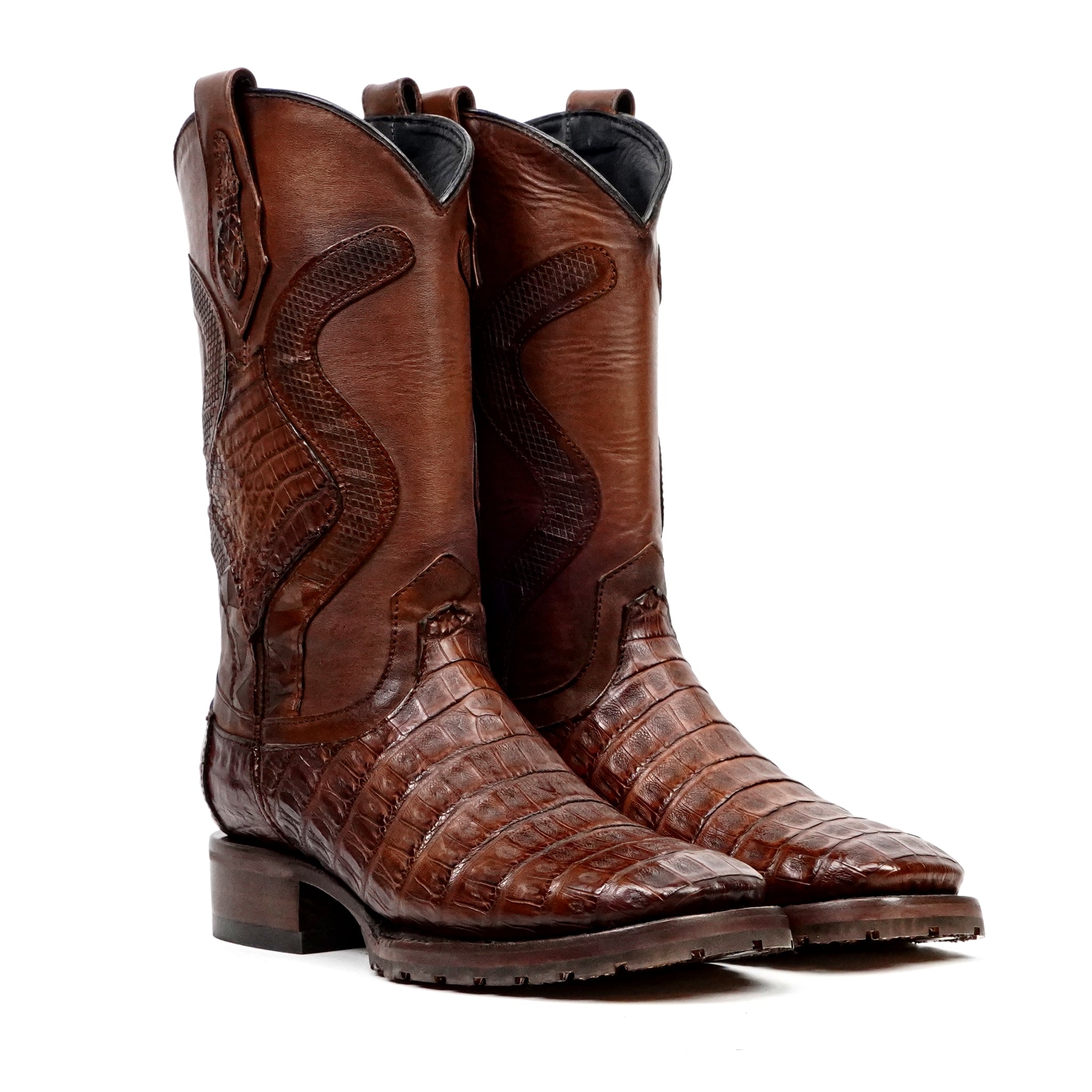 Rhodes Platinum Caiman Belly Double Sole Boots - Brandy - Square Toe - Gomez Western Wear