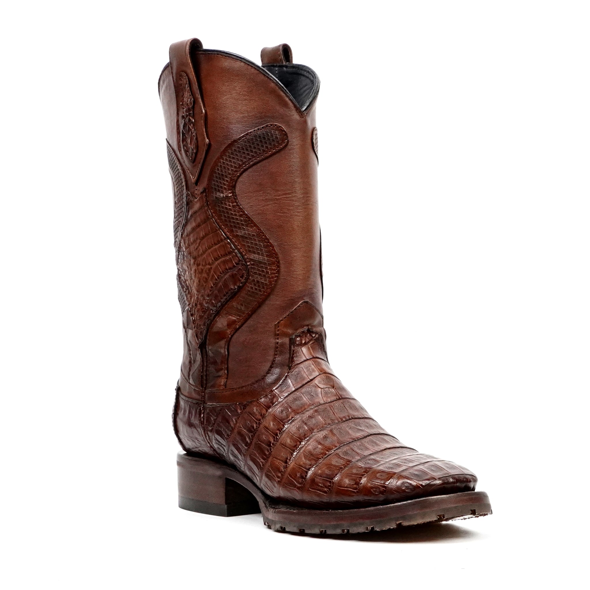 Rhodes Platinum Caiman Belly Double Sole Boots - Brandy - Square Toe - Gomez Western Wear