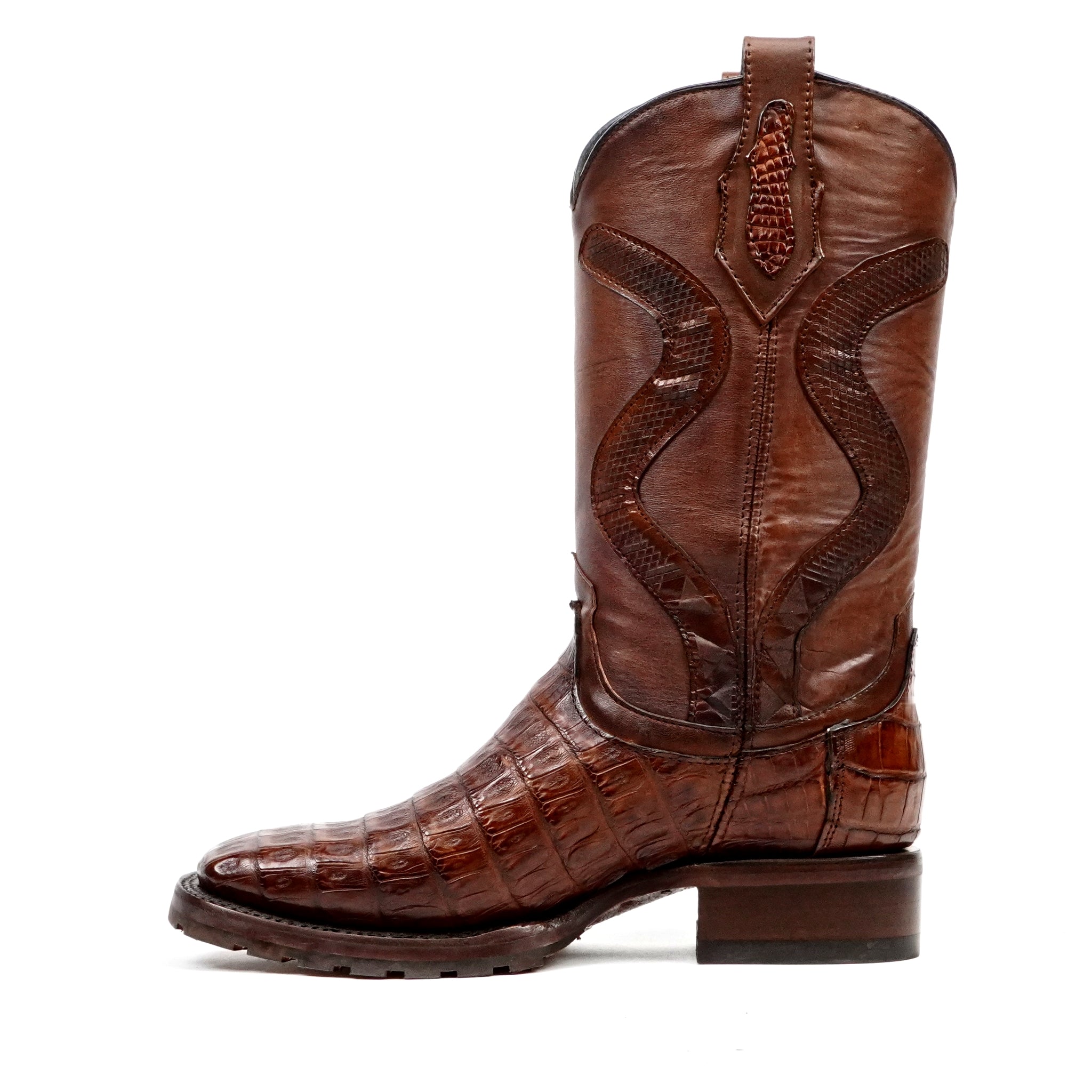 Rhodes Platinum Caiman Belly Double Sole Boots - Brandy - Square Toe - Gomez Western Wear