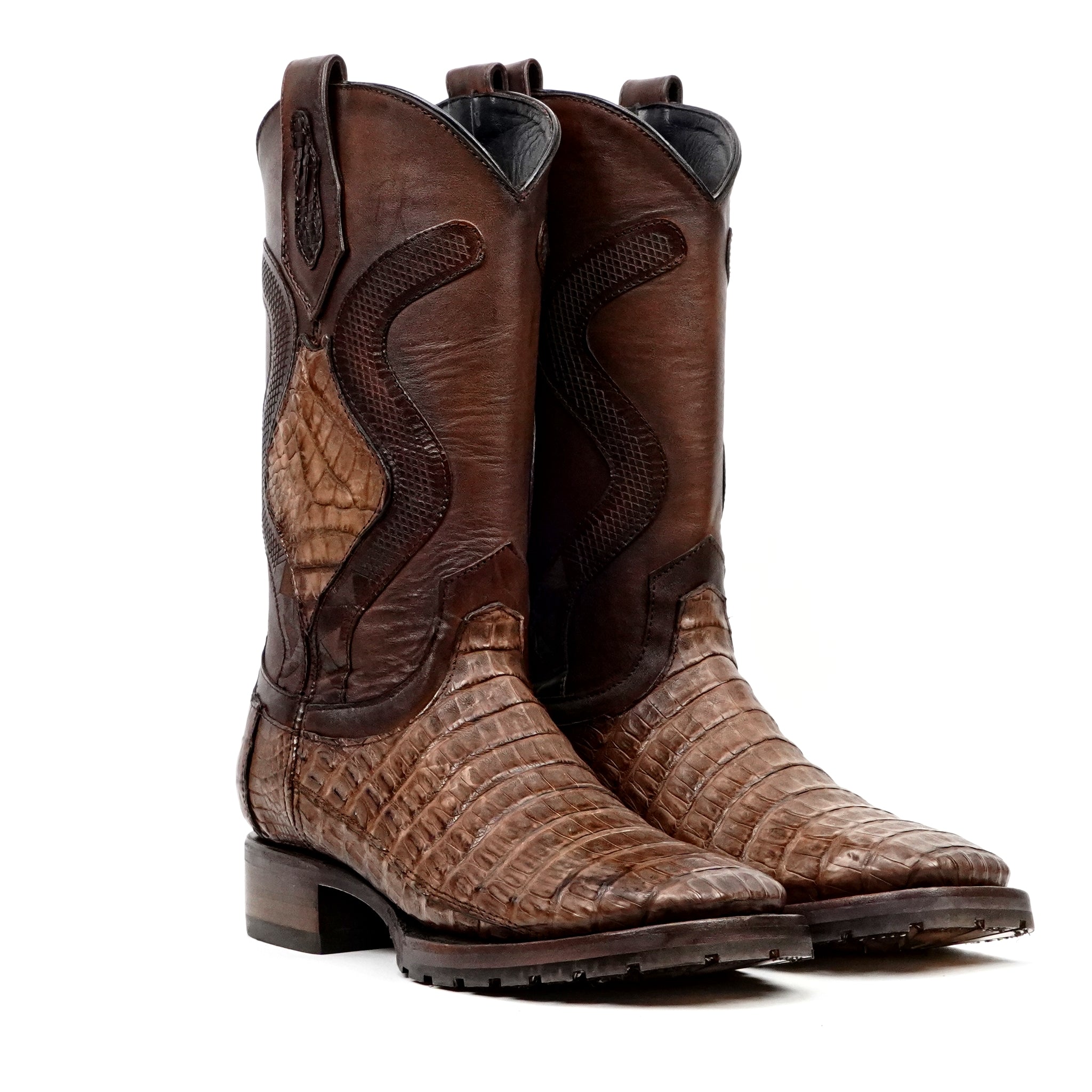 Rhodes Platinum Caiman Belly Double Sole Boots - Tobacco- Square Toe - Gomez Western Wear