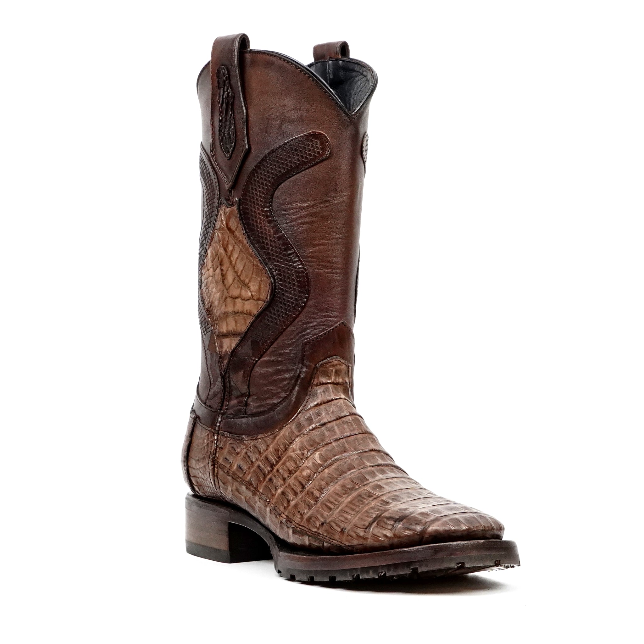 Rhodes Platinum Caiman Belly Double Sole Boots - Tobacco- Square Toe - Gomez Western Wear