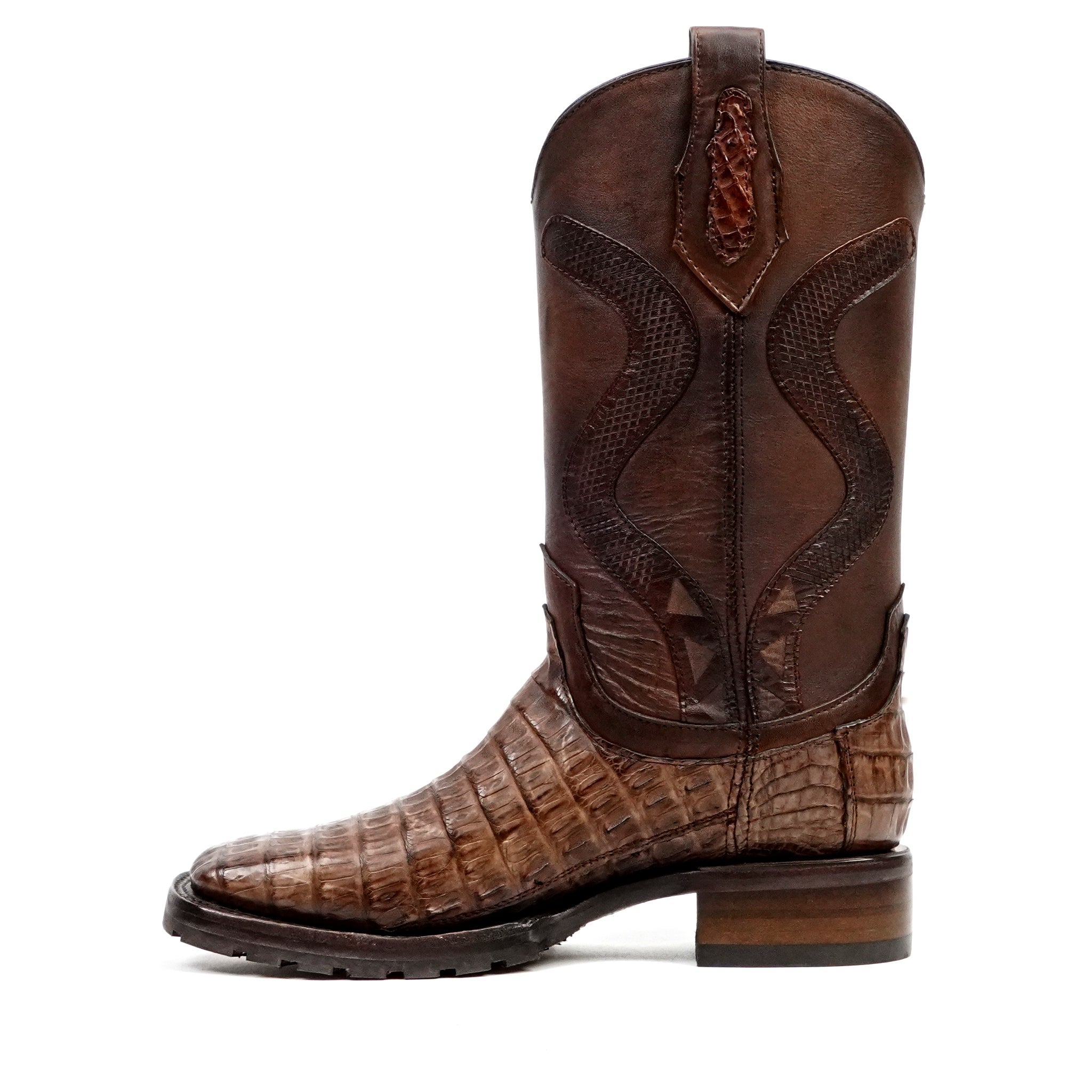Rhodes Platinum Caiman Belly Double Sole Boots - Tobacco- Square Toe - Gomez Western Wear