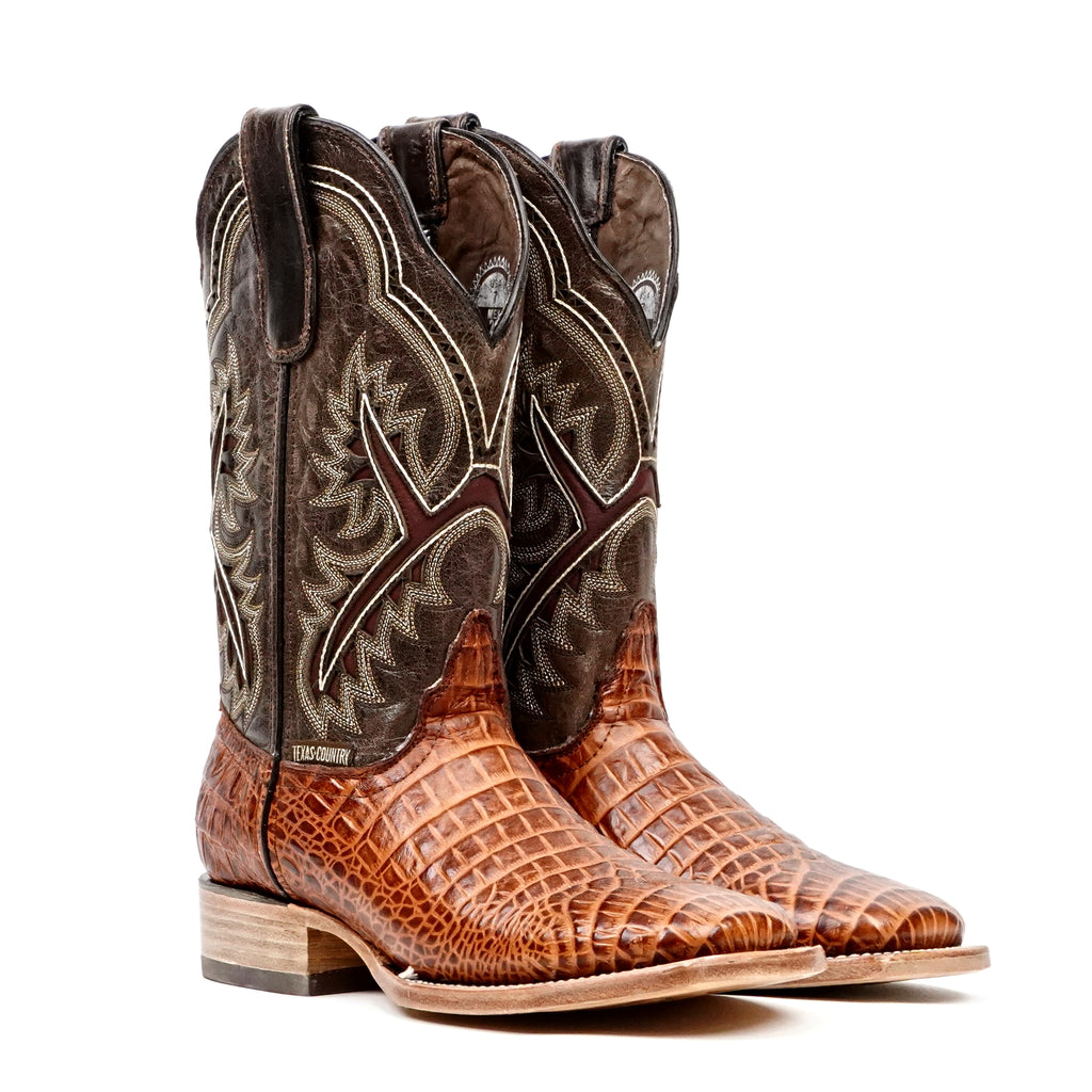Caiman Belly Cognac Boots - Embossed Leather - Square Toe (E426)