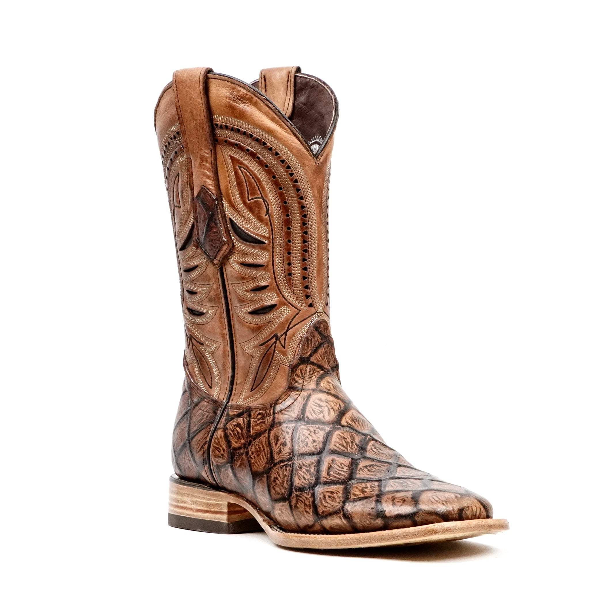 Botas de chocolate Pirarucu - Piel repujada - Punta cuadrada (E687)
