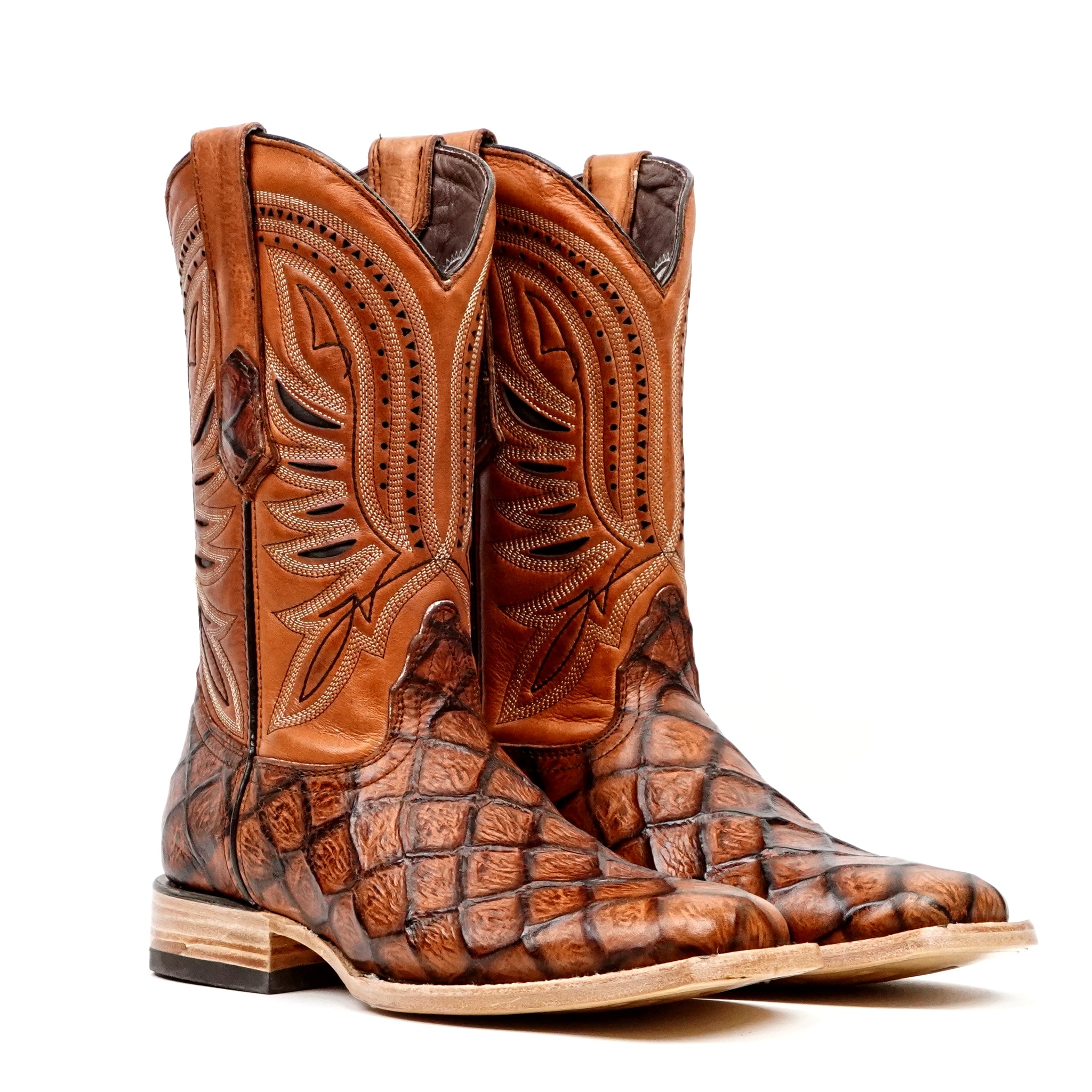 Pirarucu Cognac Boots - Embossed Leather - Square Toe (E687)