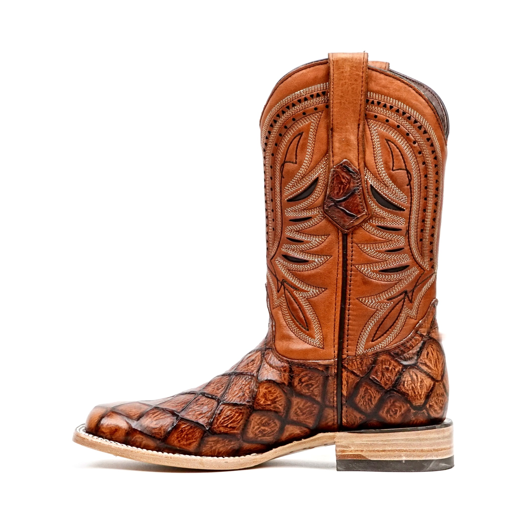 Pirarucu Cognac Boots - Embossed Leather - Square Toe (E687)