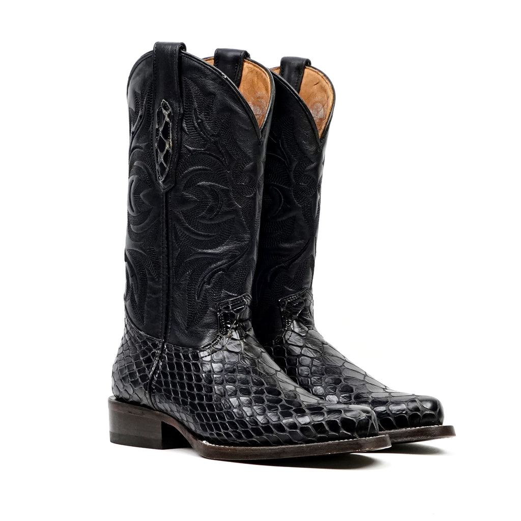 Botas vaqueras negras de serpiente - Piel repujada - Punta Roper (E952)