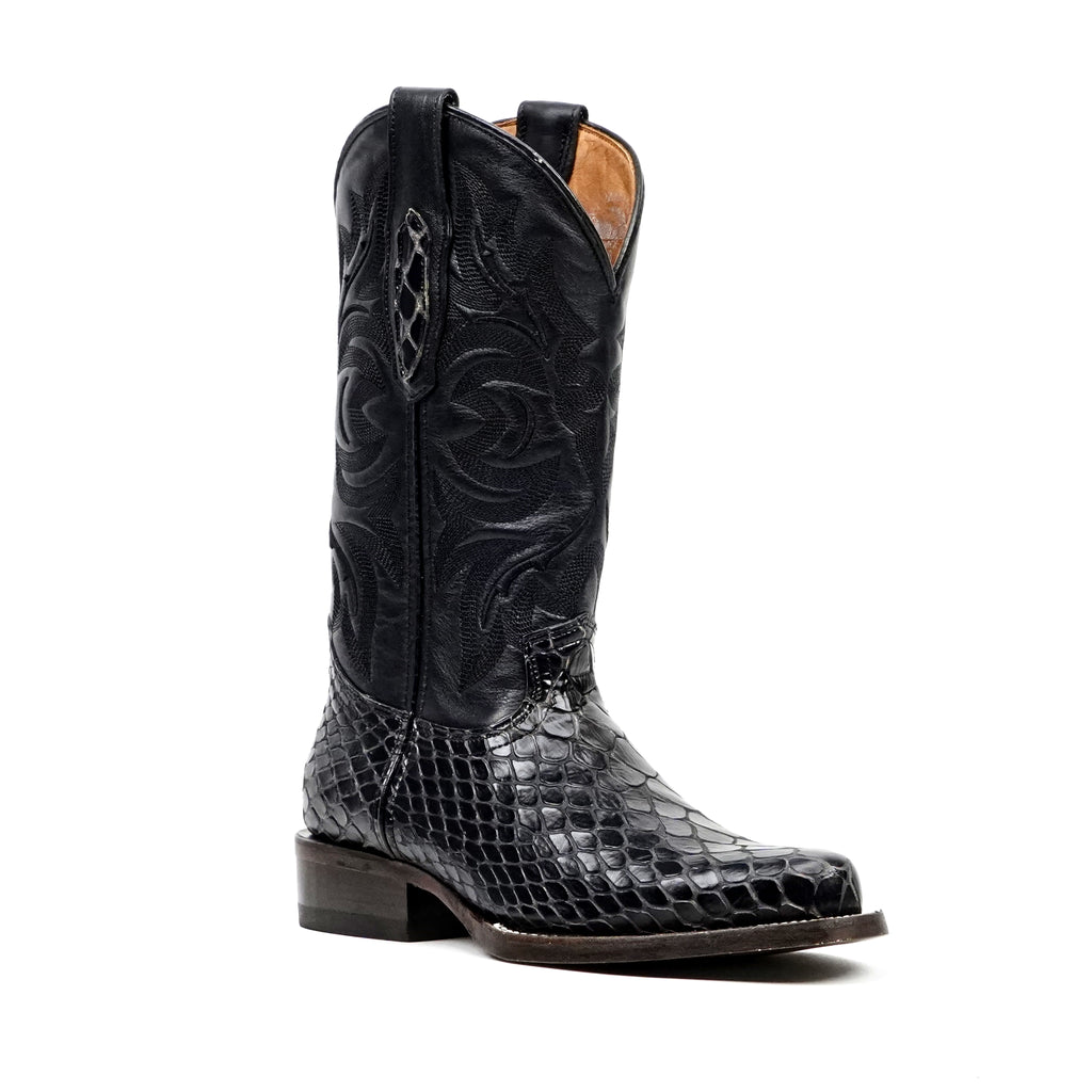 Botas vaqueras negras de serpiente - Piel repujada - Punta Roper (E952)
