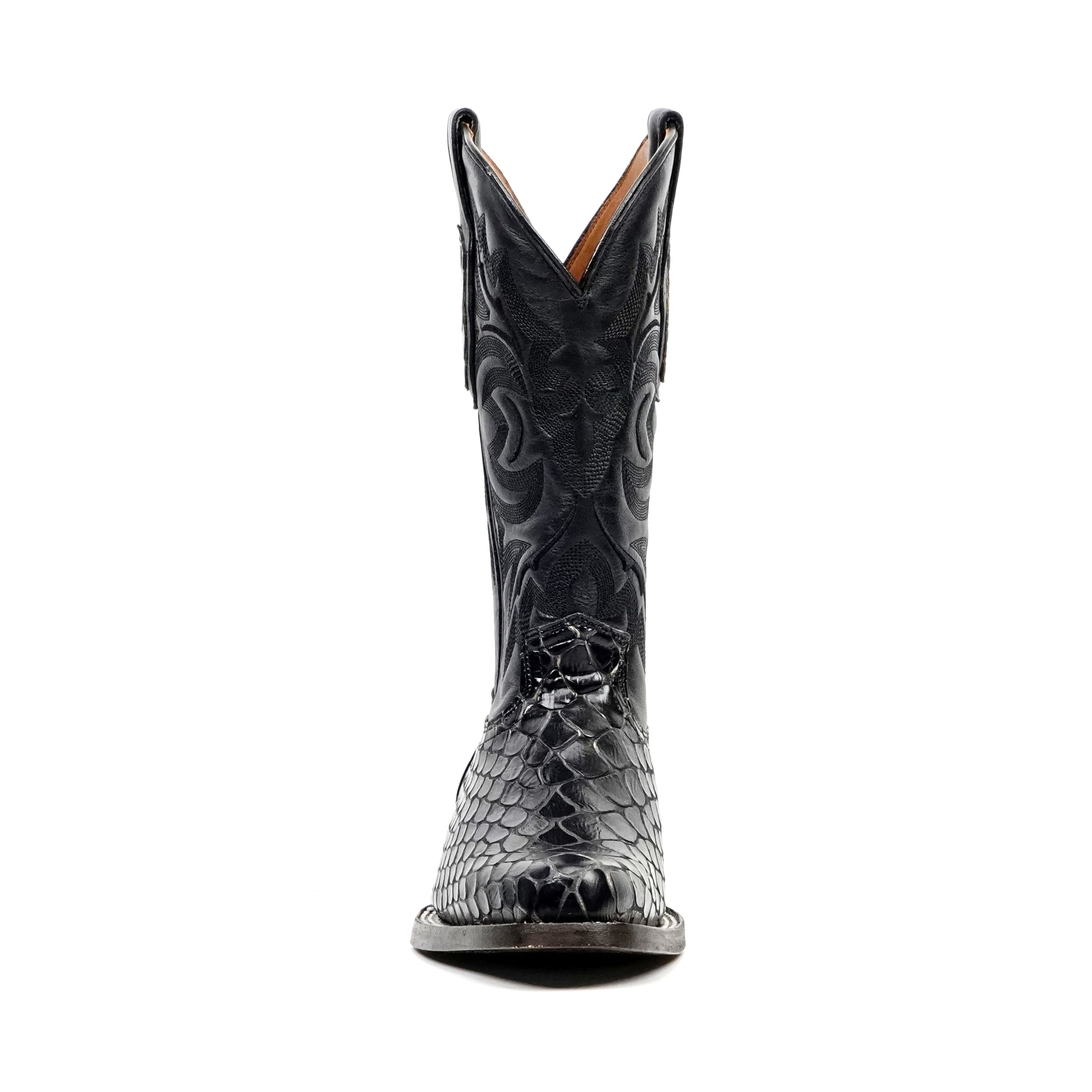 Botas vaqueras negras de serpiente - Piel repujada - Punta Roper (E952)