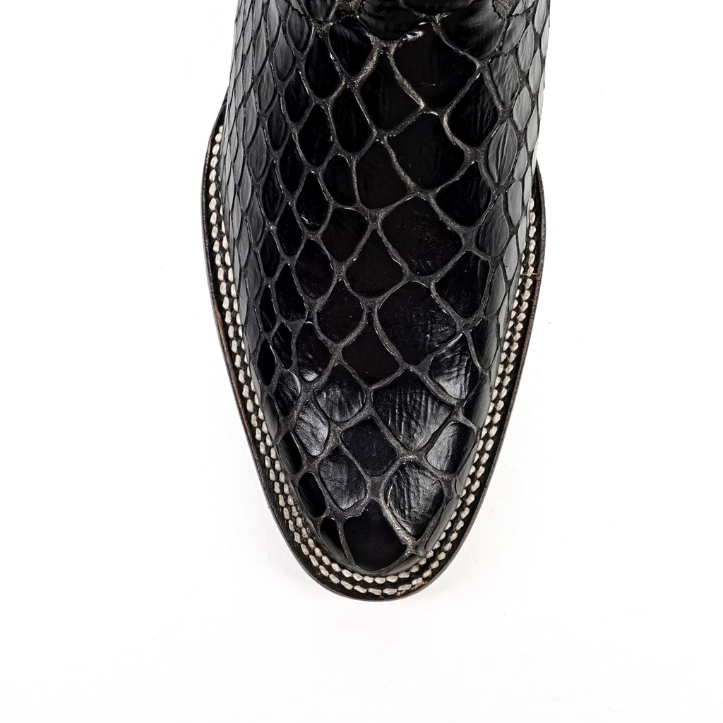 Botas vaqueras negras de serpiente - Piel repujada - Punta Roper (E952)