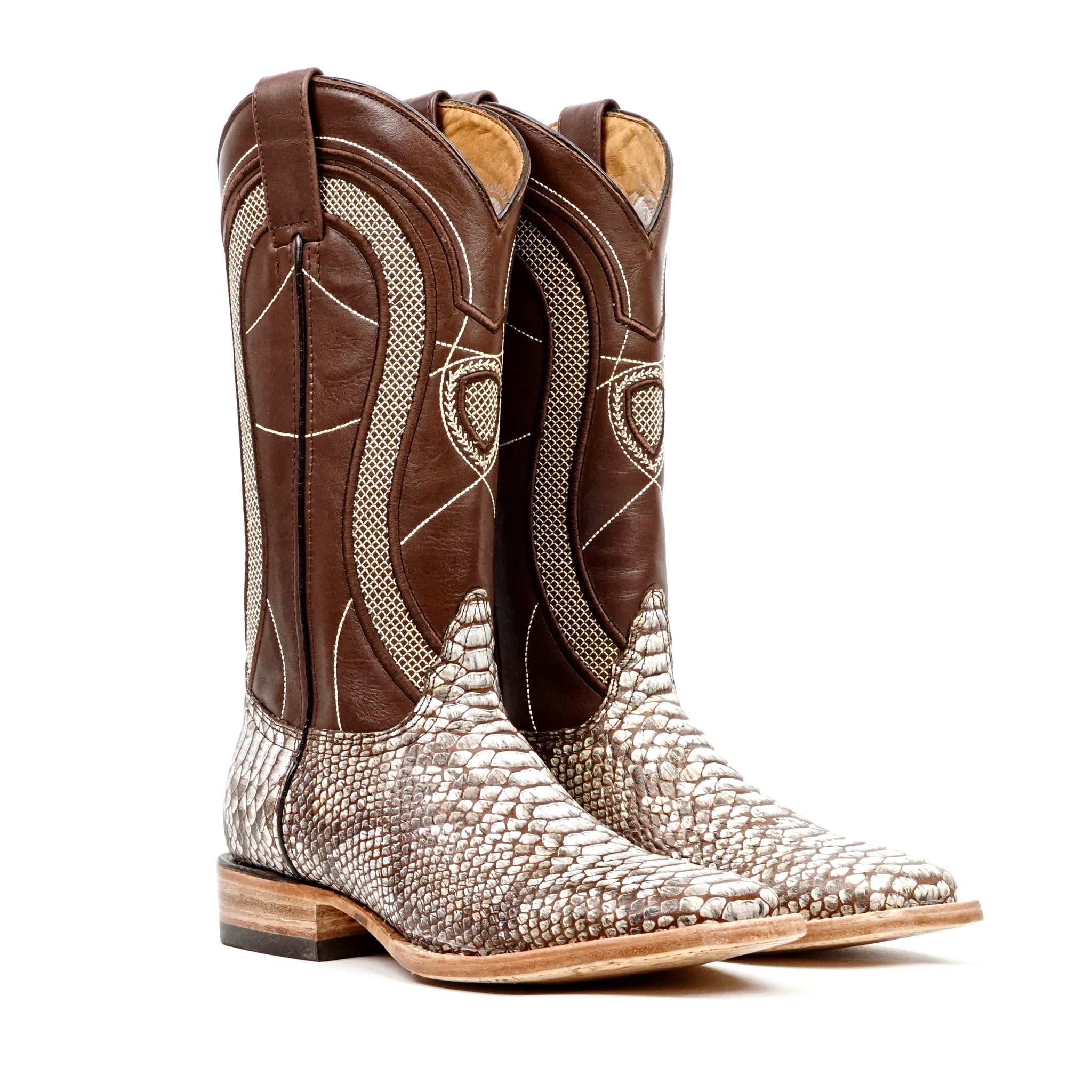 Botas Python Natural Camel - Piel Grabada - Punta Cuadrada (E913)