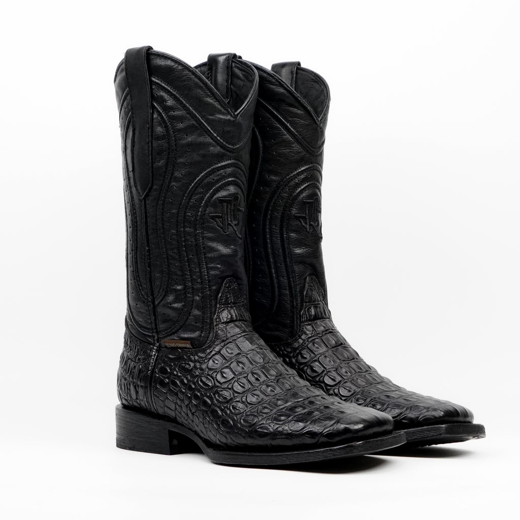 Alligator Hornback Black Boots - Embossed Leather - Square Toe (E930)