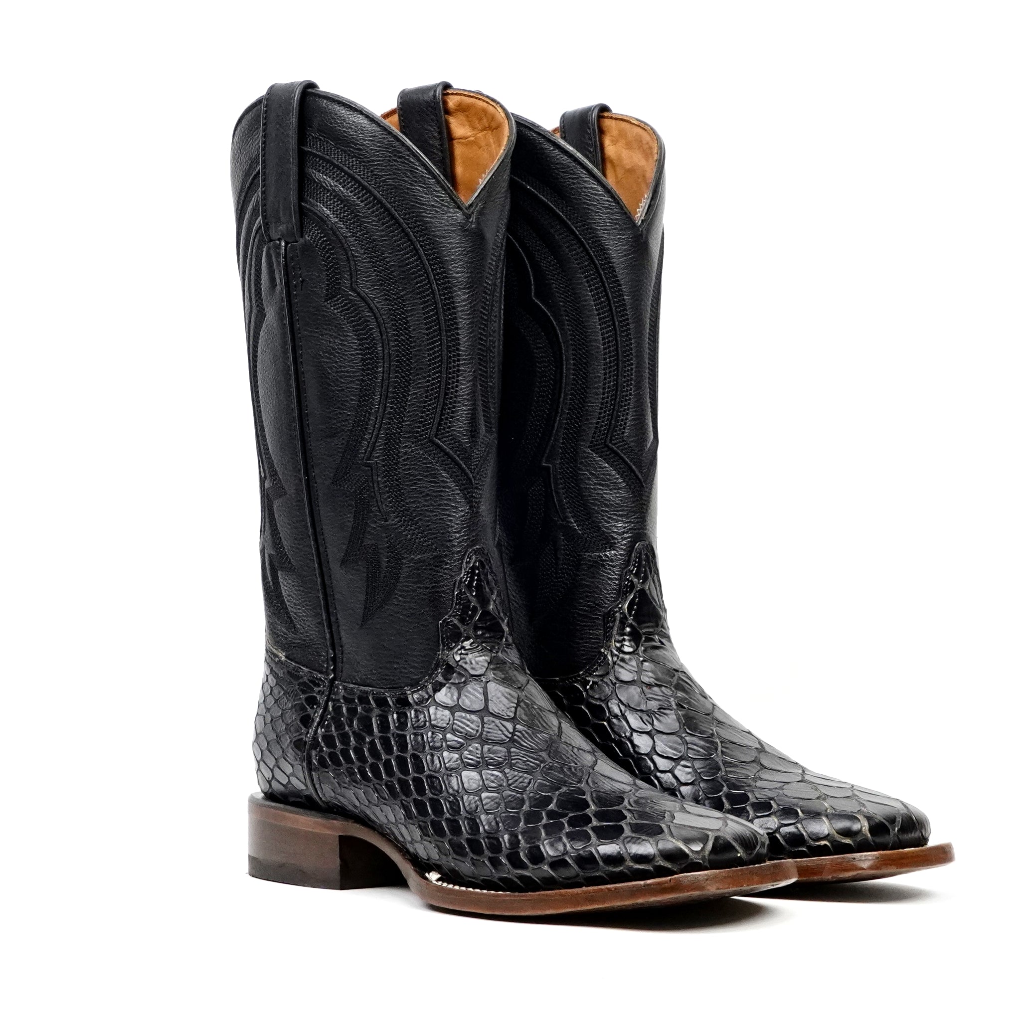 Botas vaqueras de serpiente - Piel gofrada negra - Punta cuadrada (E947)