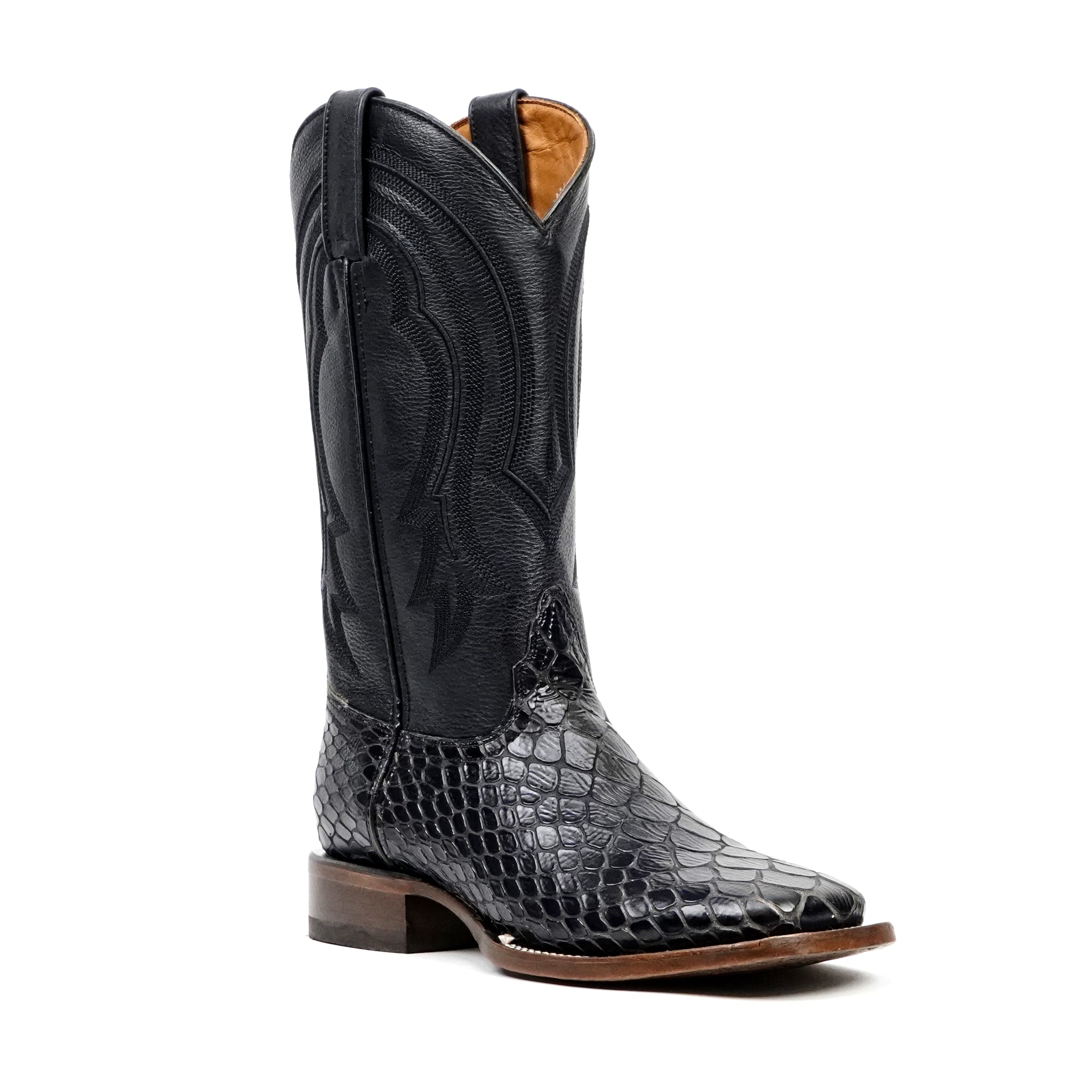 Botas vaqueras de serpiente - Piel gofrada negra - Punta cuadrada (E947)