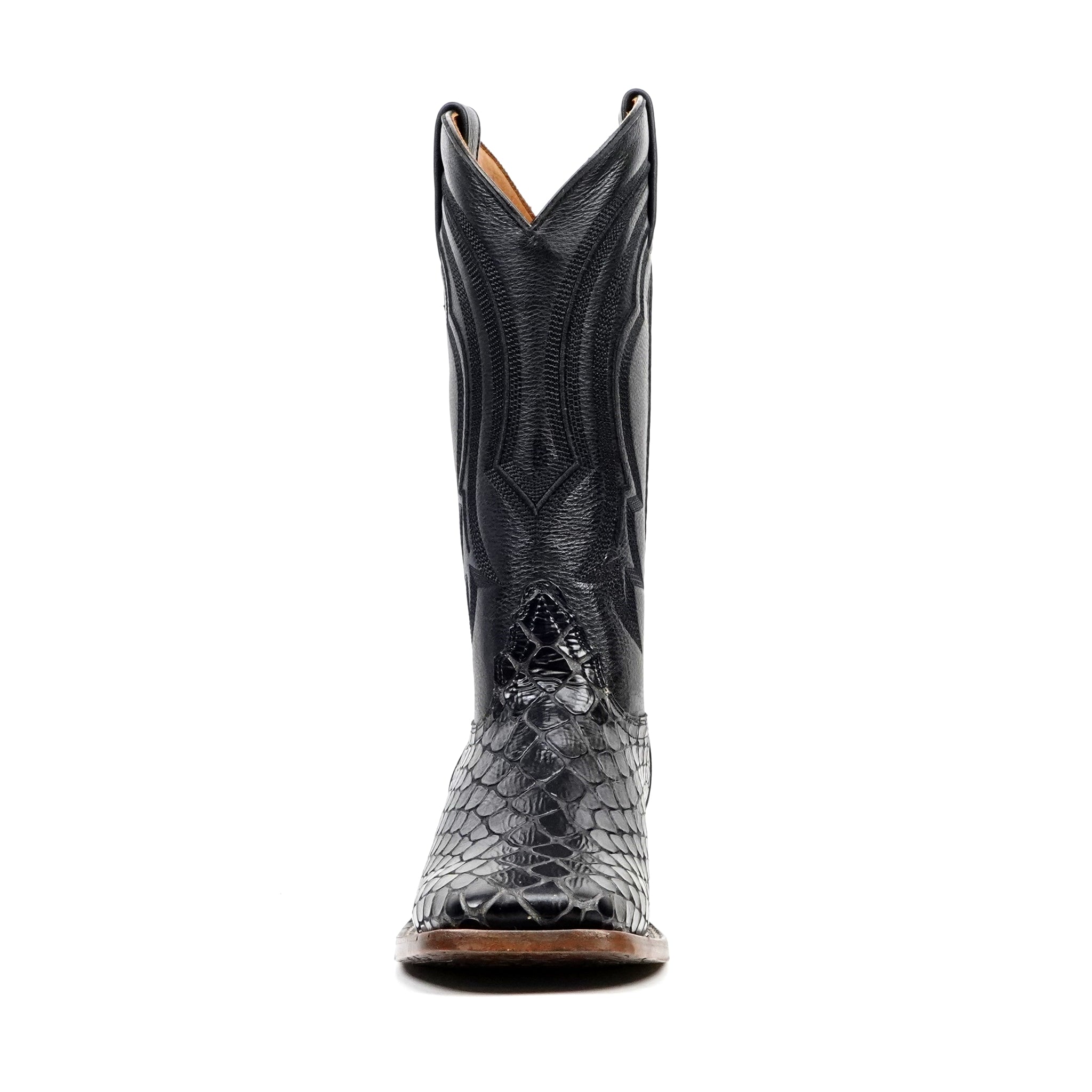 Botas vaqueras de serpiente - Piel gofrada negra - Punta cuadrada (E947)