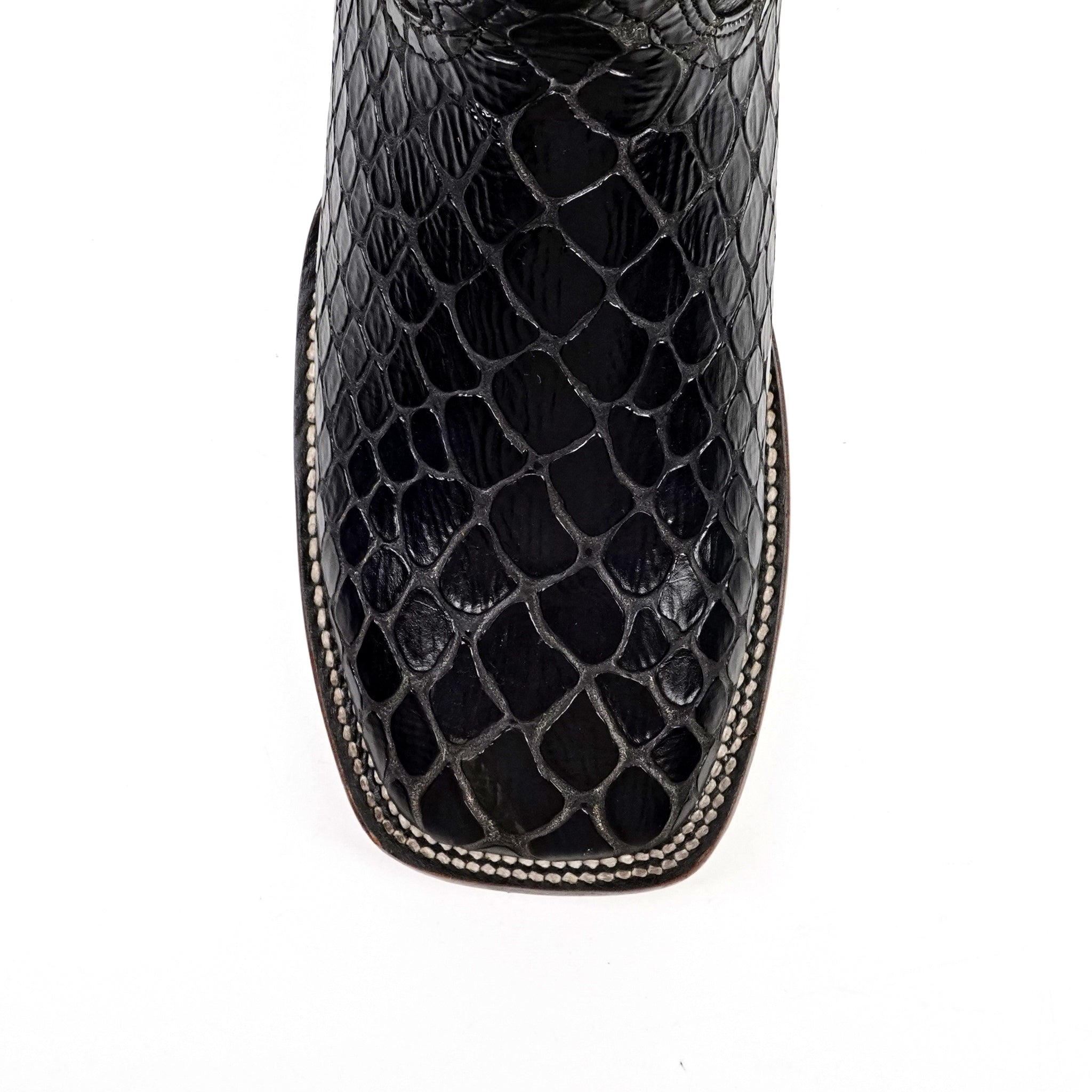 Botas vaqueras de serpiente - Piel gofrada negra - Punta cuadrada (E947)