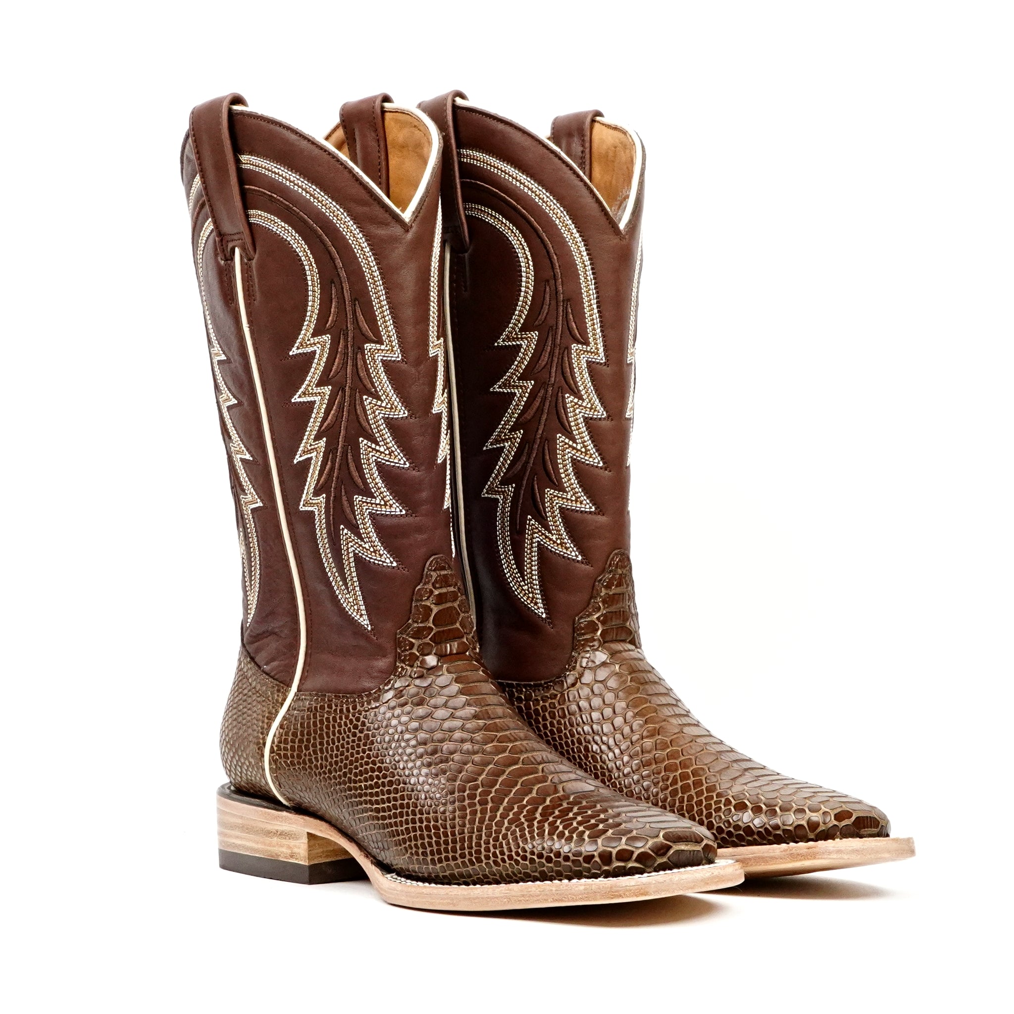 Botas Cowboy Serpiente - Piel Marrón Grabada - Punta Cuadrada (E948)