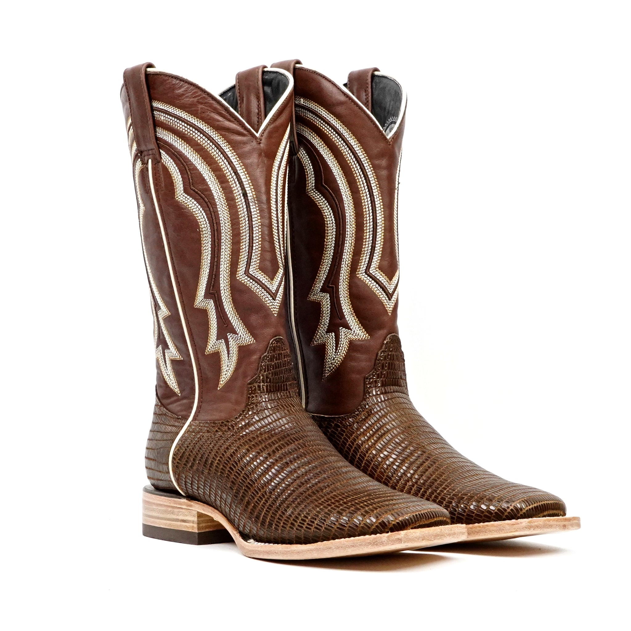 Botas vaqueras de piel de lagarto - Piel grabada marrón - Punta cuadrada (E949)