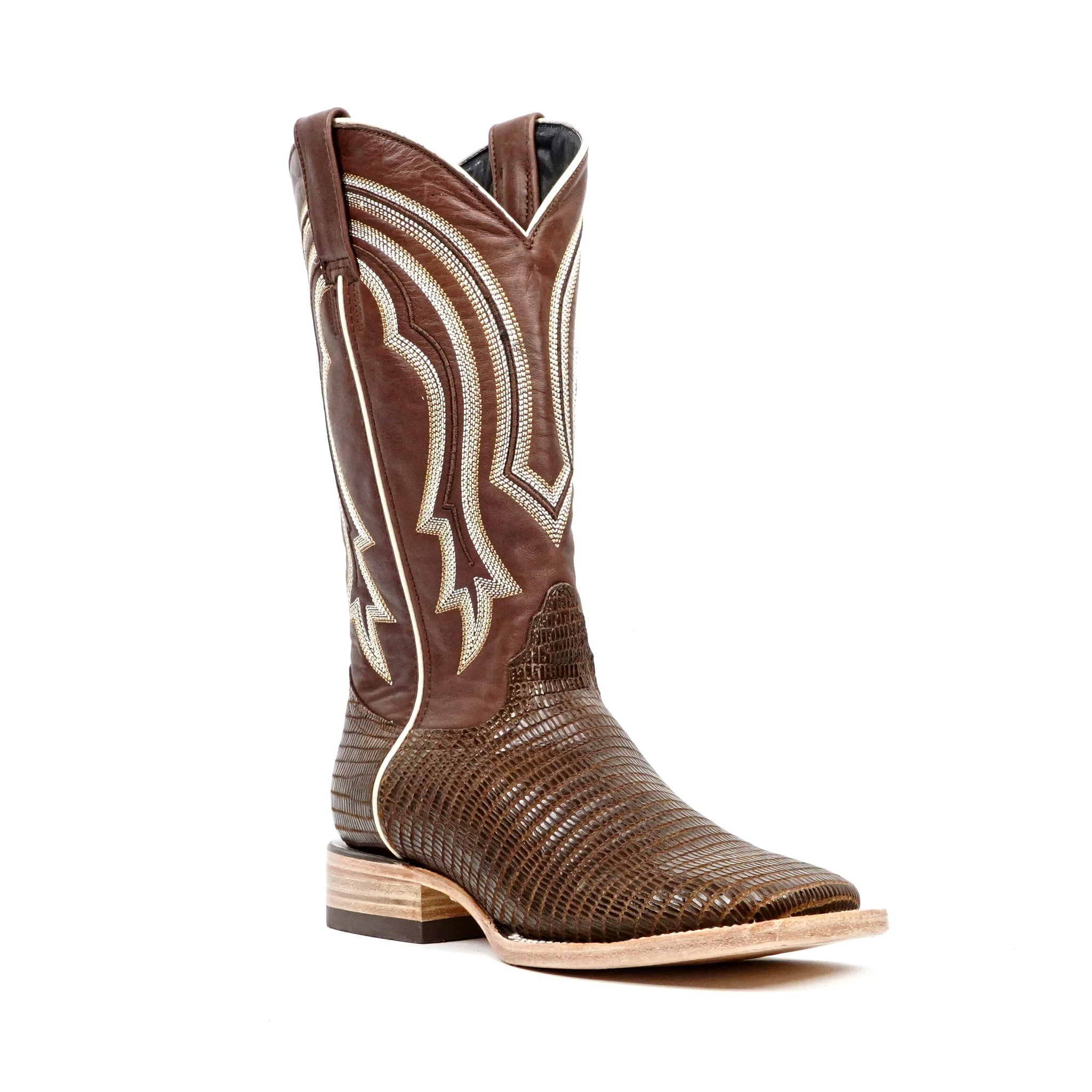 Botas vaqueras de piel de lagarto - Piel grabada marrón - Punta cuadrada (E949)