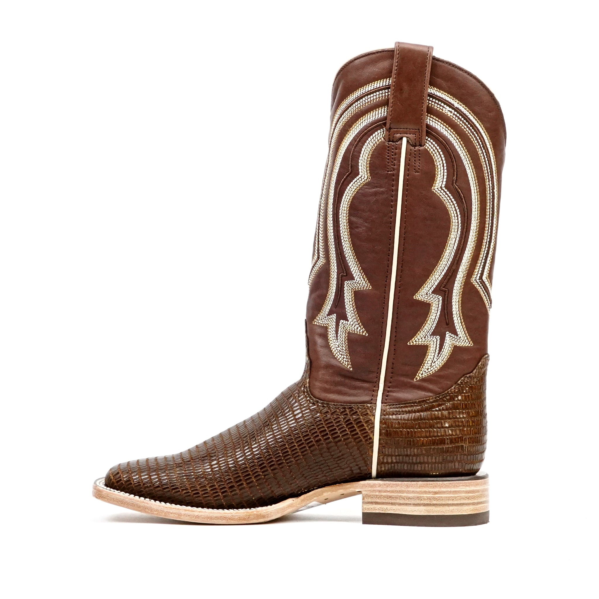 Botas vaqueras de piel de lagarto - Piel grabada marrón - Punta cuadrada (E949)