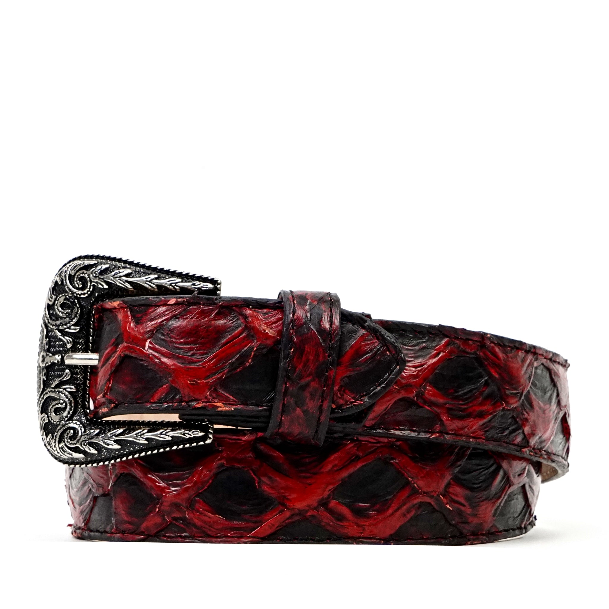 Exotic Full Quilt Pirarucu Belt - Red/Black (C-028)