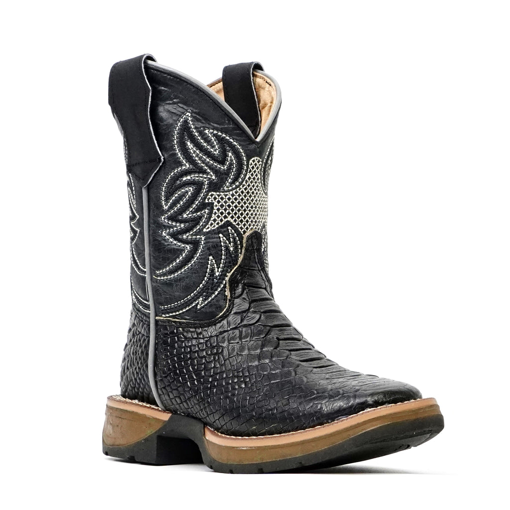 Kids Python Black Boots - Embossed Leather - Square Toe