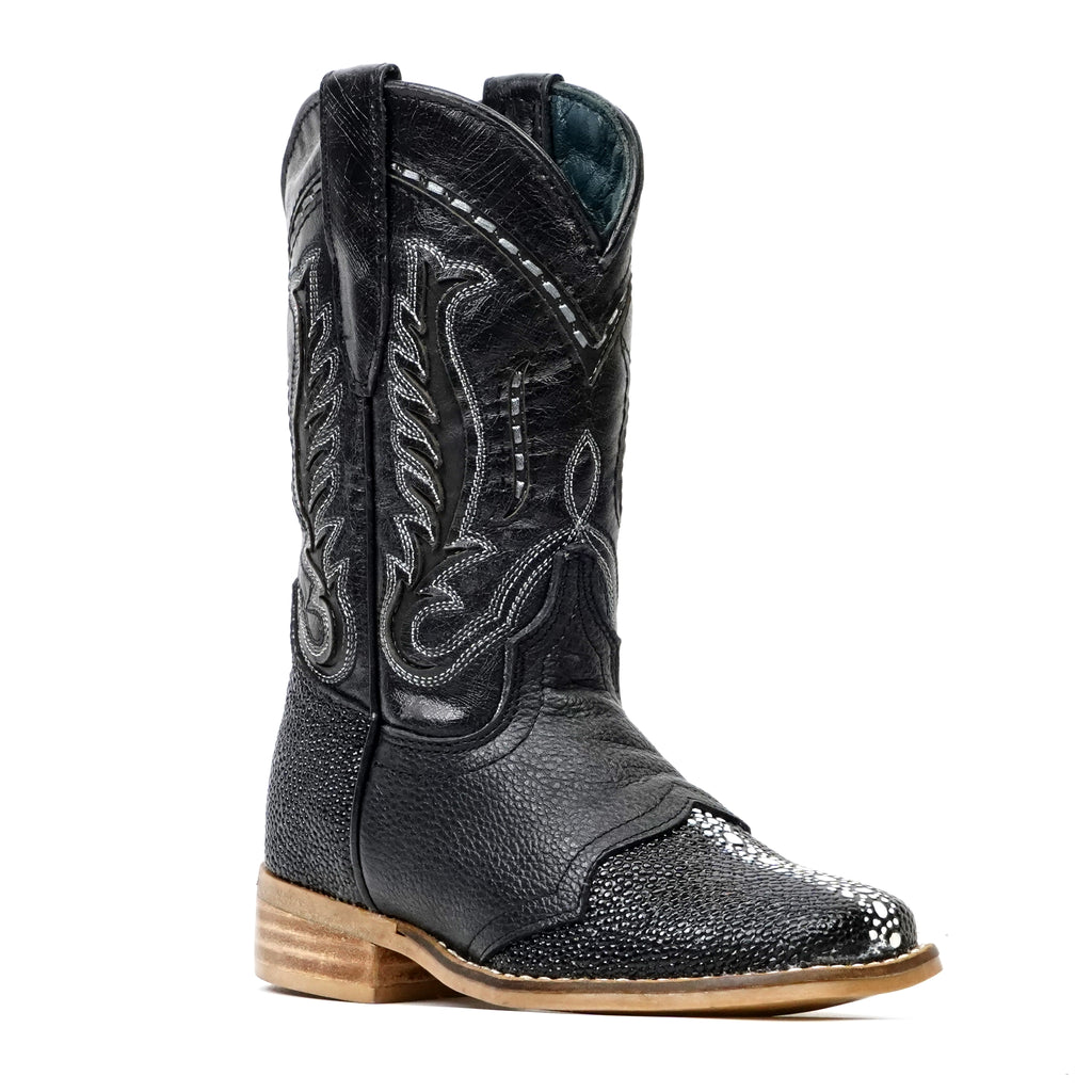 Bota infantil de media pantorrilla con estampado de raya y puntera estilo rodeo en color negro