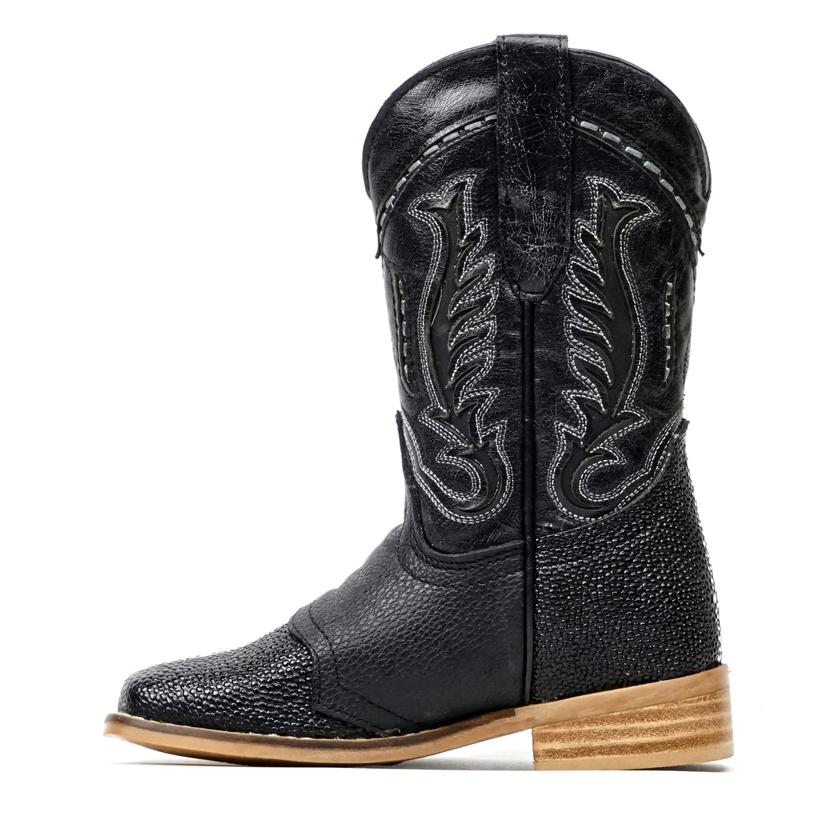 Bota infantil de media pantorrilla con estampado de raya y puntera estilo rodeo en color negro