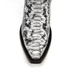 Close-up of a snake skin-patterned boot on a white background