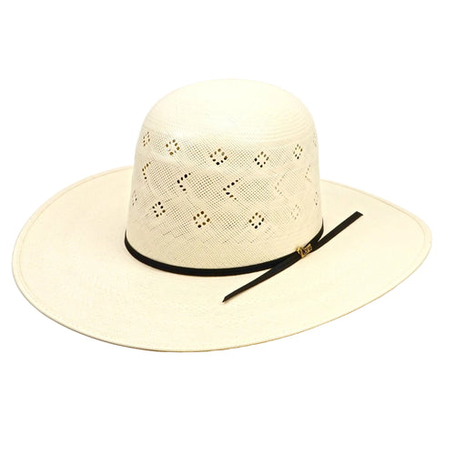 Beige straw hat with a black band on a white background