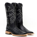 Caiman Belly Black Boots - Embossed Leather - Square Toe (E423)