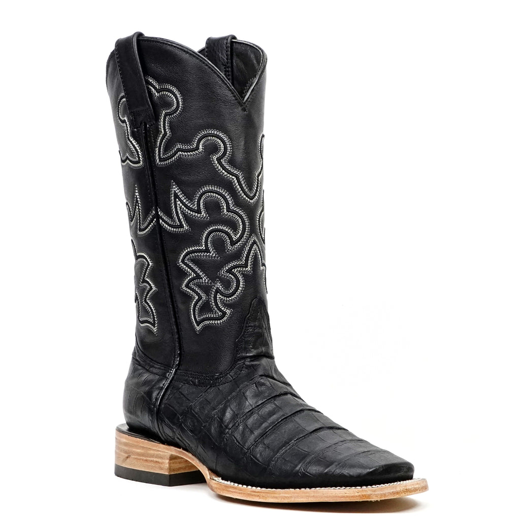 Caiman Belly Black Boots - Embossed Leather - Square Toe (E423)