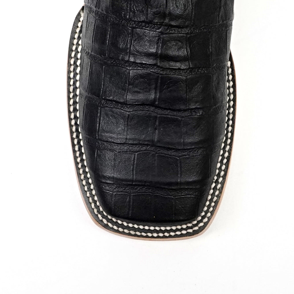 Caiman Belly Black Boots - Embossed Leather - Square Toe (E423)