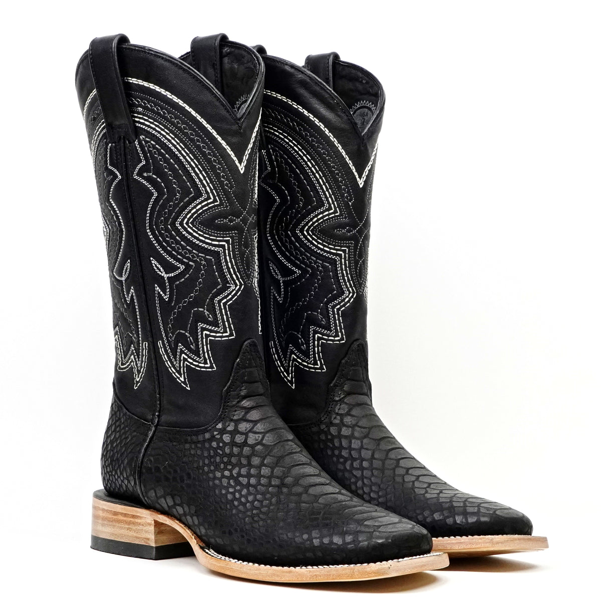 Python Black Cowboy Boots - Embossed Leather - Square Toe (E425)