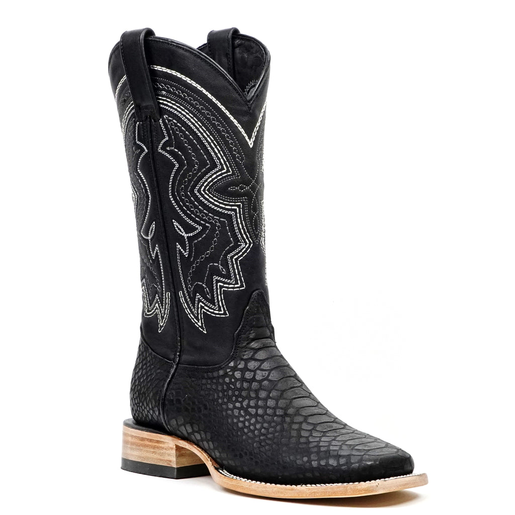 Python Black Cowboy Boots - Embossed Leather - Square Toe (E425)