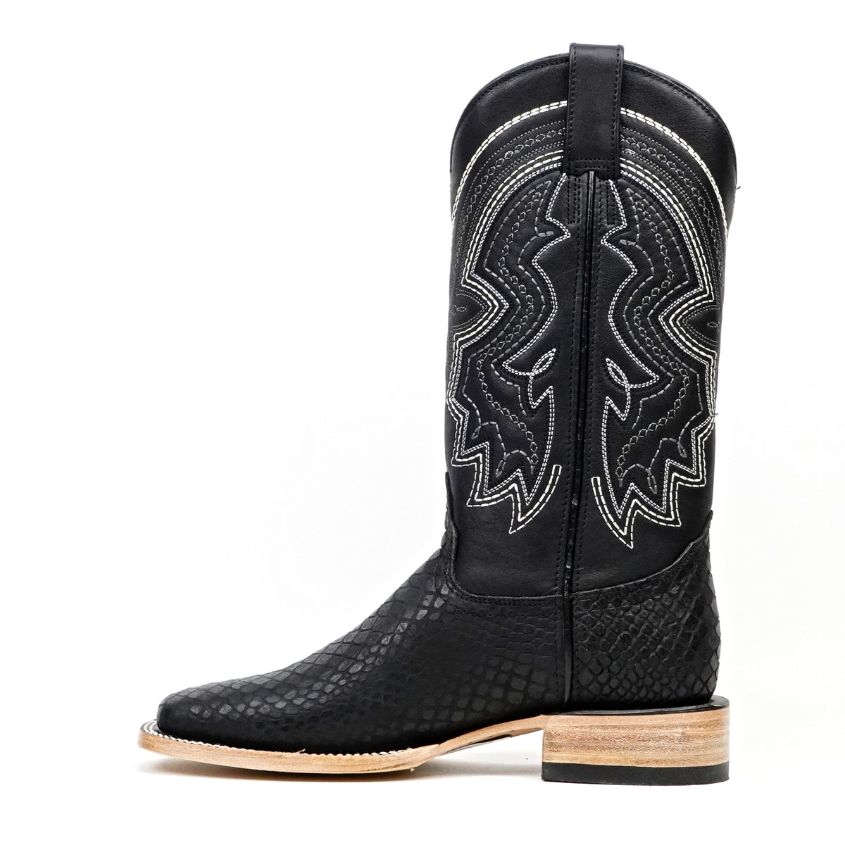 Python Black Cowboy Boots - Embossed Leather - Square Toe (E425)