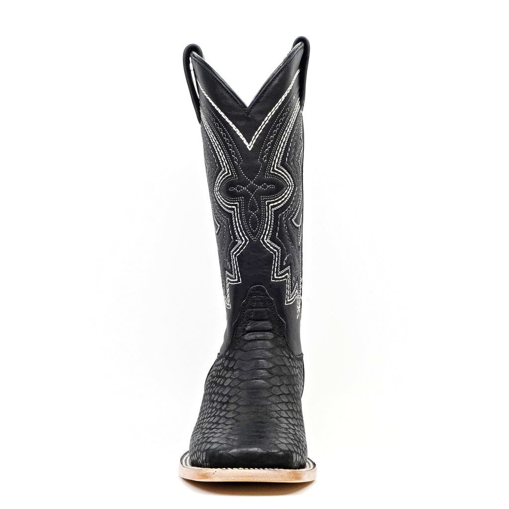 Python Black Cowboy Boots - Embossed Leather - Square Toe (E425)
