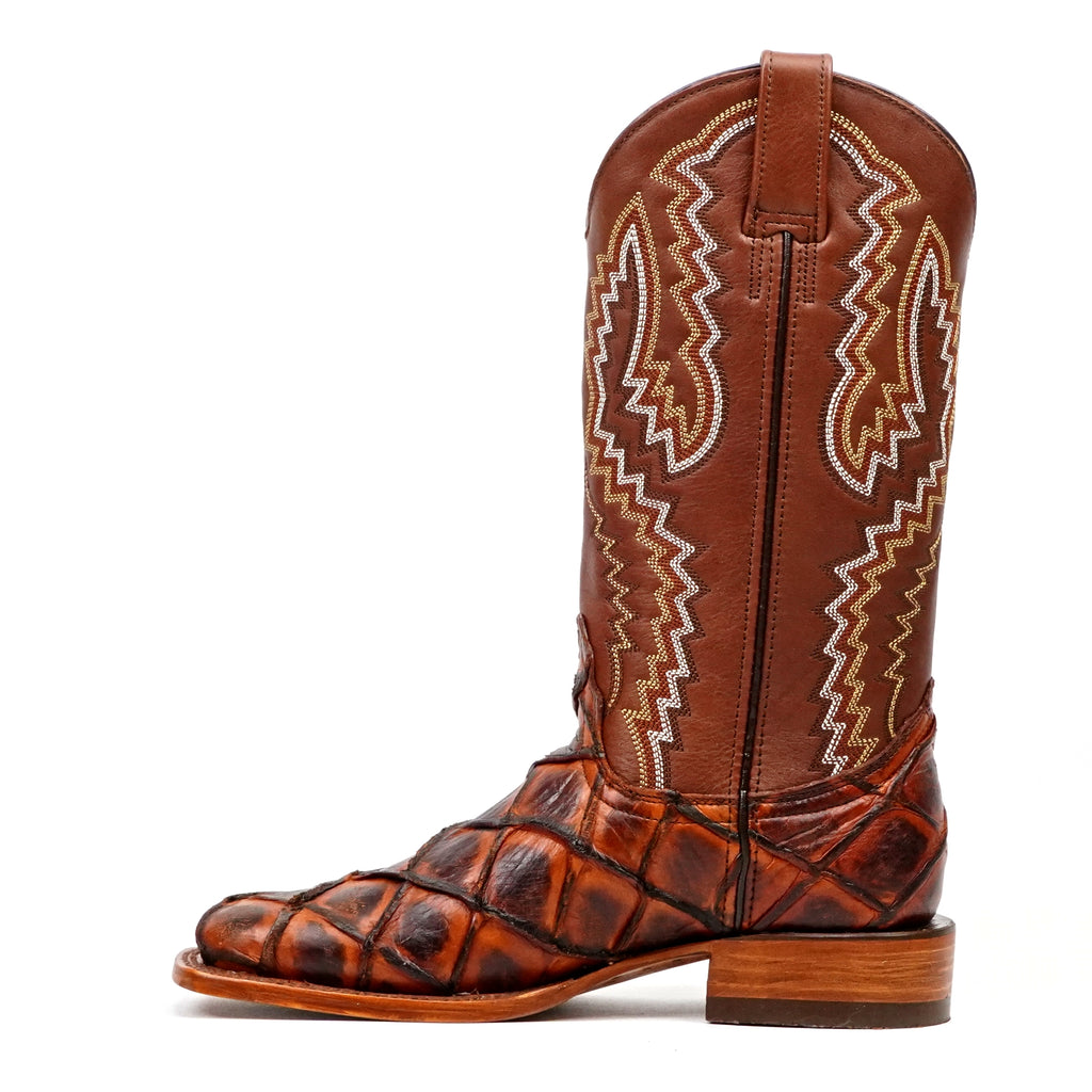 Pirarucu Fish Cognac Boots - Embossed Leather - Square Toe (E963)