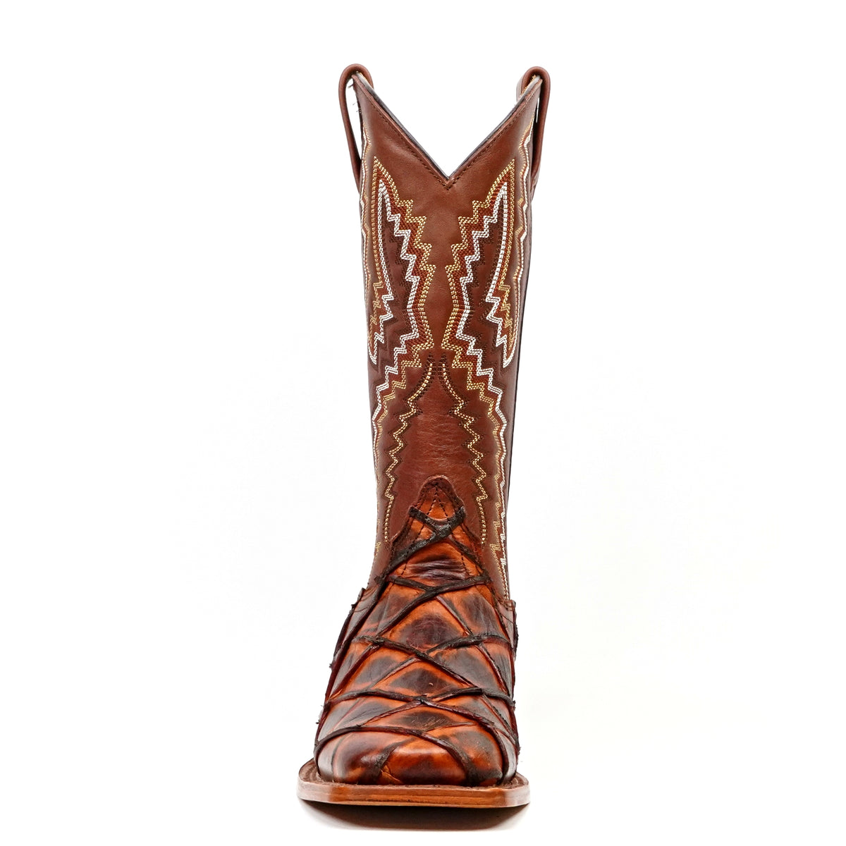 Pirarucu Fish Cognac Boots - Embossed Leather - Square Toe (E963)