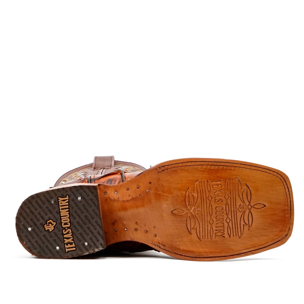 Pirarucu Fish Cognac Boots - Embossed Leather - Square Toe (E963)
