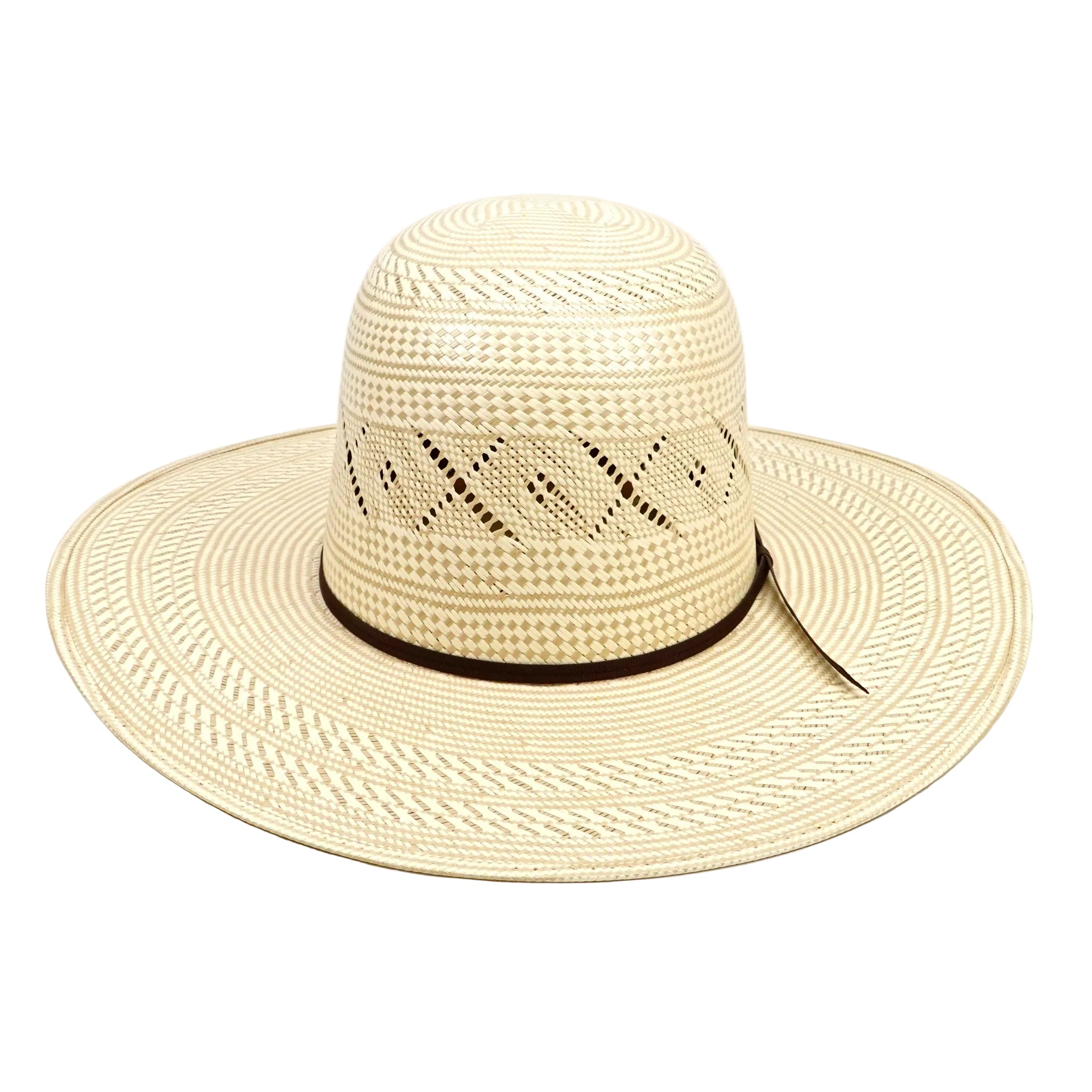 Beige straw hat with a wide brim on a white background